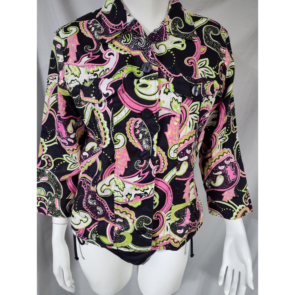 Y2K Patrick Christopher med pink green paisley lined sequin short blazer jacket
